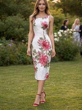 Maggy London White  Pink Floral Midi Dress Back ZIip Sz 6